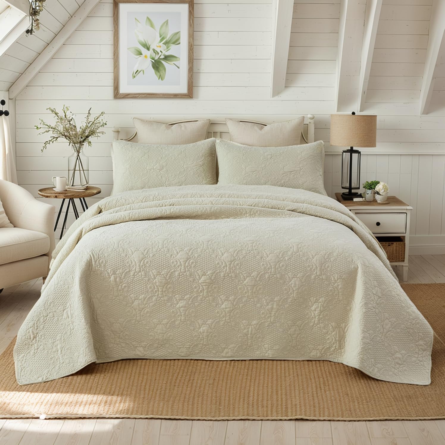 Brandream Beige Paisley Quilt Set Queen Size 100% Cotton Coverlet Set Vintage Stitching Heirloom Quilts Lightweight All Season Quilt Bedding Set 3-Piece