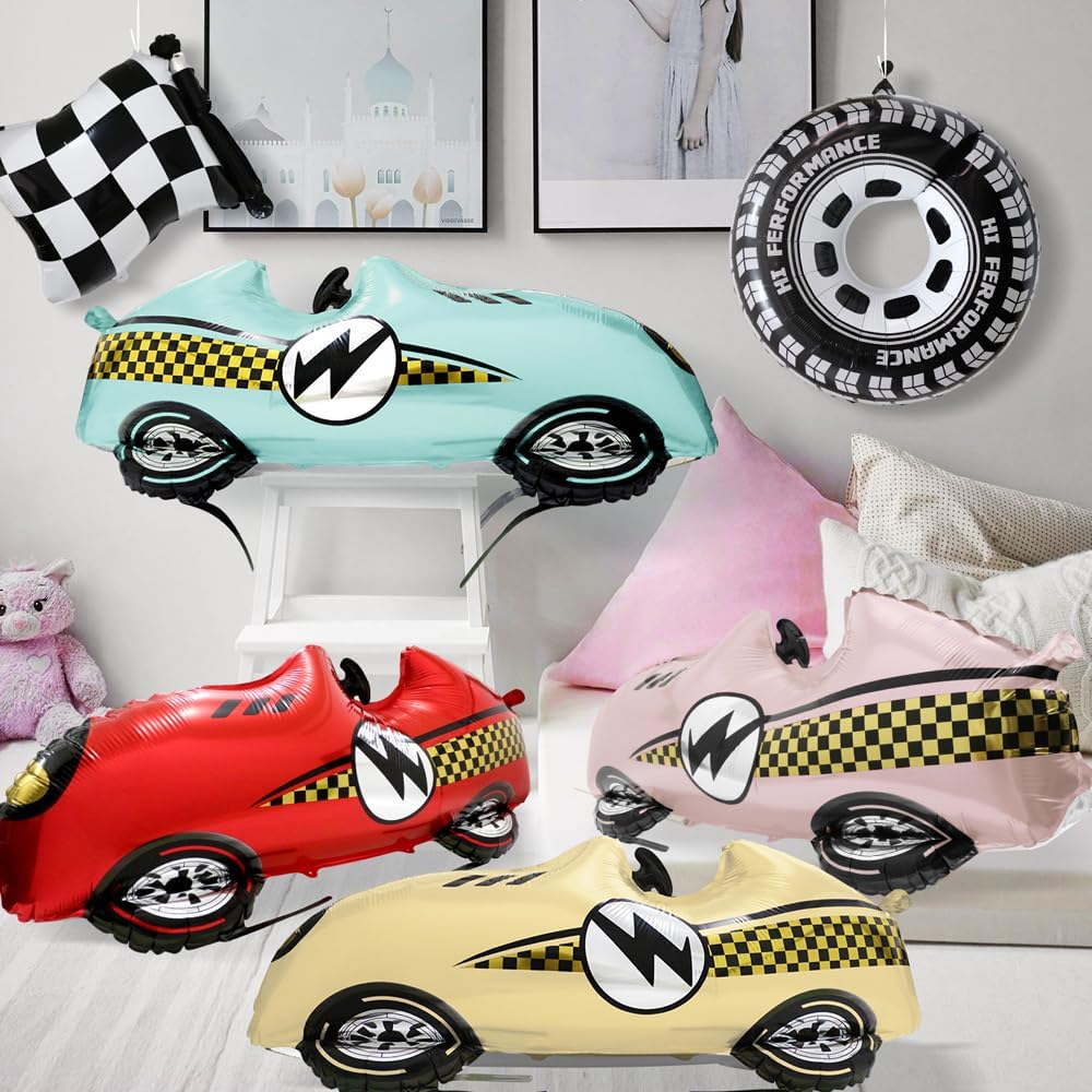 All-In-1 Racing Car Themed 1st Baby Shower Balloons, Yellow Fast Speedy Race Car Hot Wheels Tire Checkered Black and White Flag Balloon For Birthday Retro Racing Party Decorations Supplies