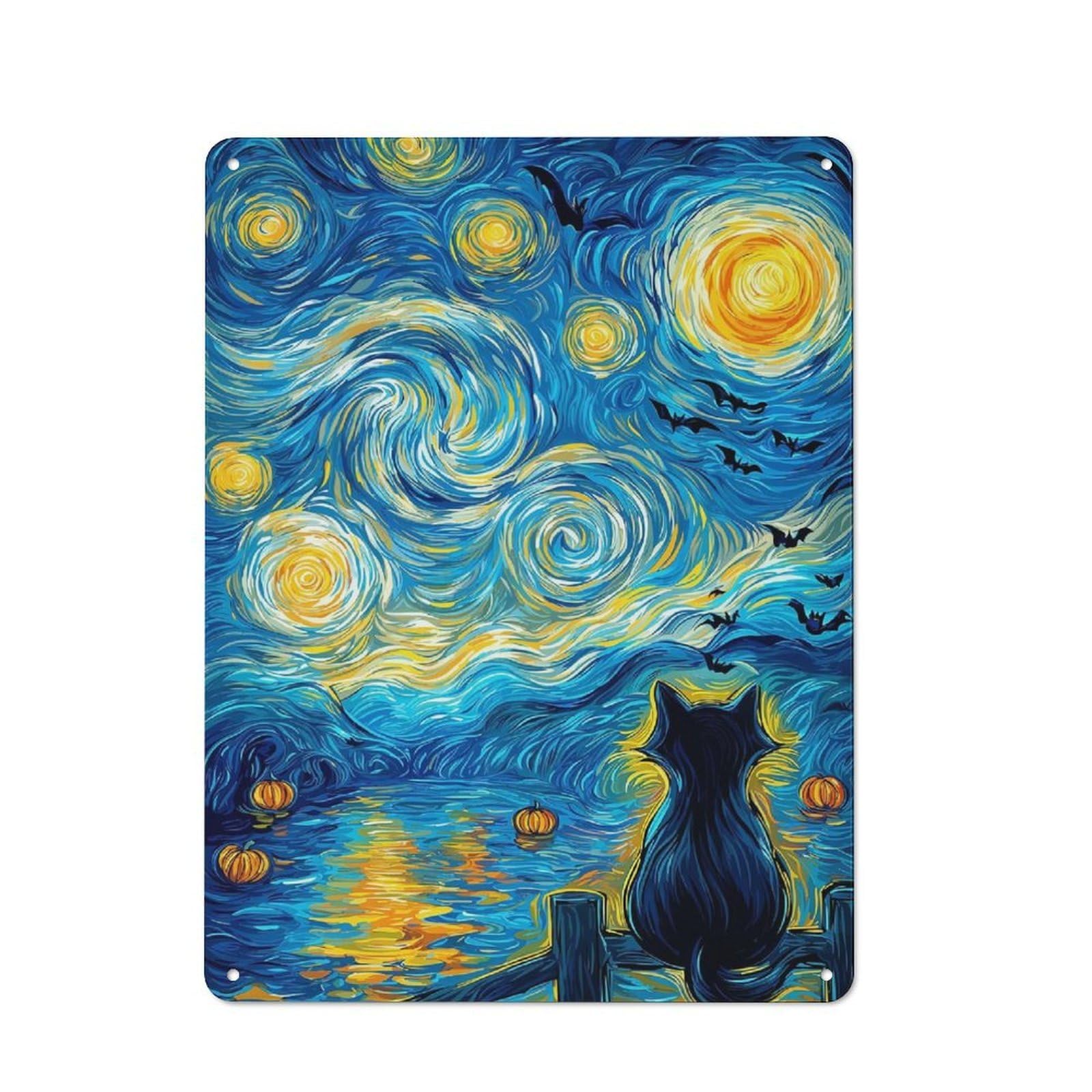 Junmoney Style-10 Tin Wall Plaque 40X30cm With Starry Halloween Night With Black Cat For Guest Room Or Hallway, For Garage, Workshop And Man Cave Decoration