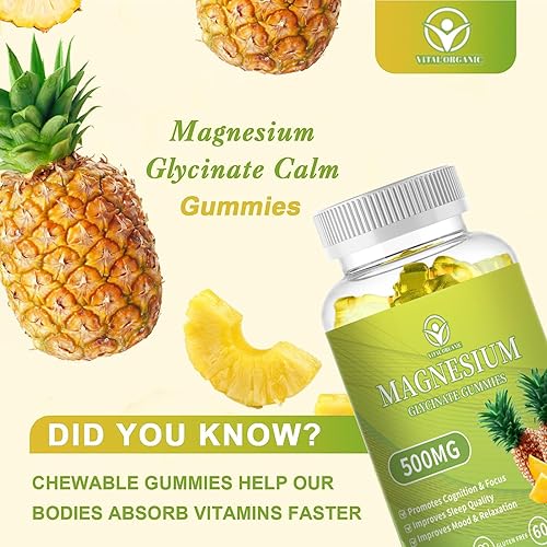 Miniatura 3 de Gomitas de glicinato de magnesio de 500 mg, suplemento de magnesio y potasio sin azúcar con vitamina D, B6, CoQ10 para un estado de ánimo tranquilo