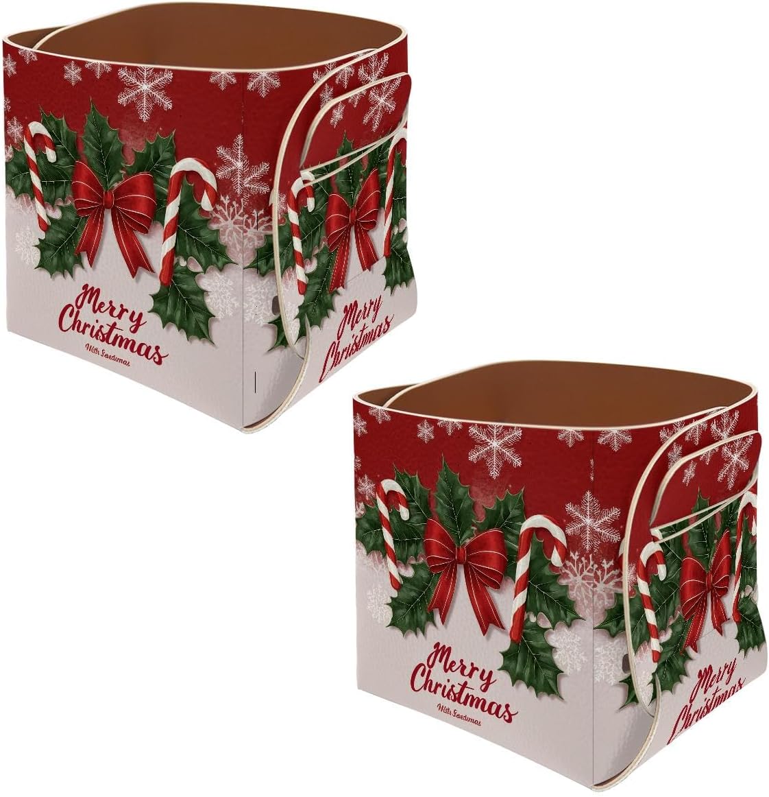 Vcedizo 2PCS Collapsible Leather Storage Bin Decorative Desk Organizer for Jewelry Makeup Pen Pencil Glasses Remote Controller Storage, Christmas Bow Candy