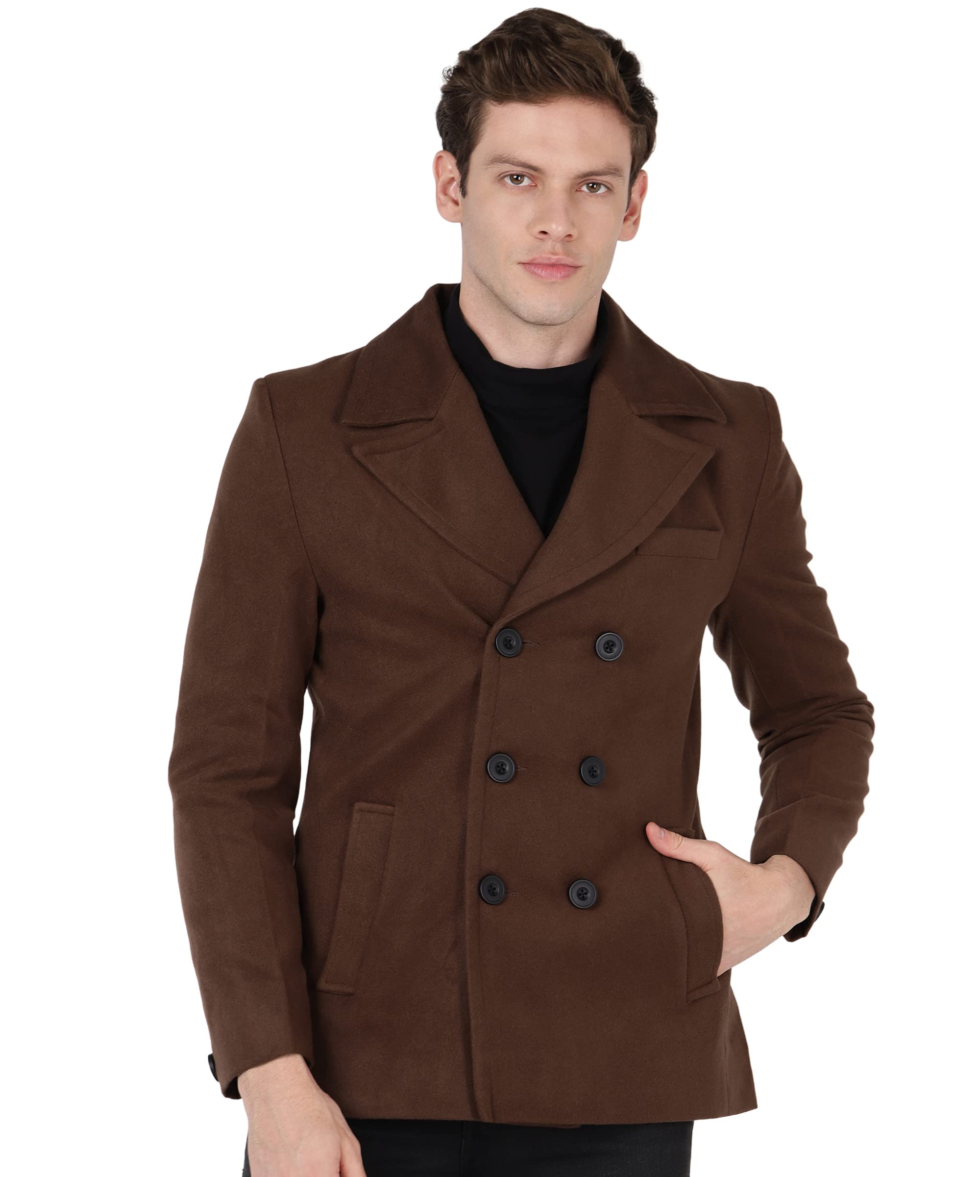 Buy ESSENTIELE Woolen Tweed Chocolate Brown Men Pea Coat | Casual