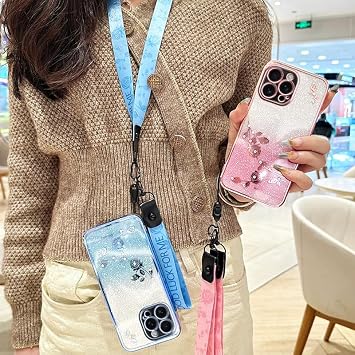 スマホケース 対応 Huawei Nova 4E/Huawei P30 Lite, グリッター花柄 電镀フレーム ショルダーストラップ付き, TPU耐衝撃 薄型クリアケース レディース向け-青