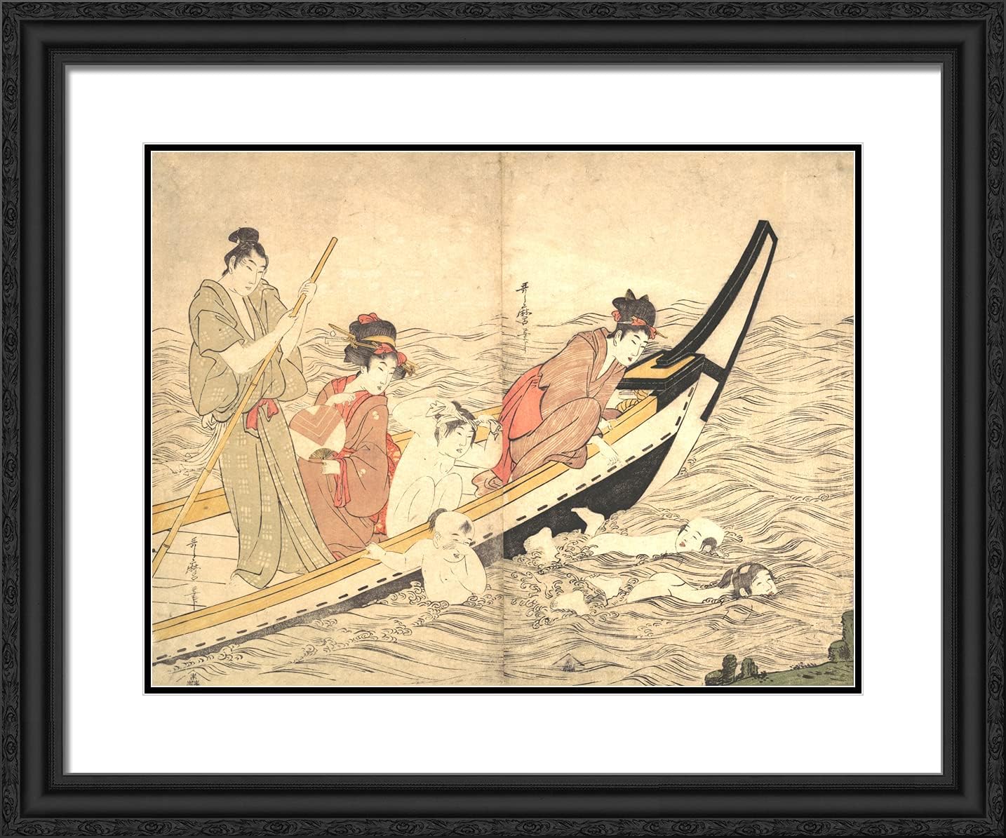 ArtDirect Utamaro, Kitagawa 24x20 Gold Ornate Framed Art Print with Double Matting Titled: Boating Party With Children Swimming