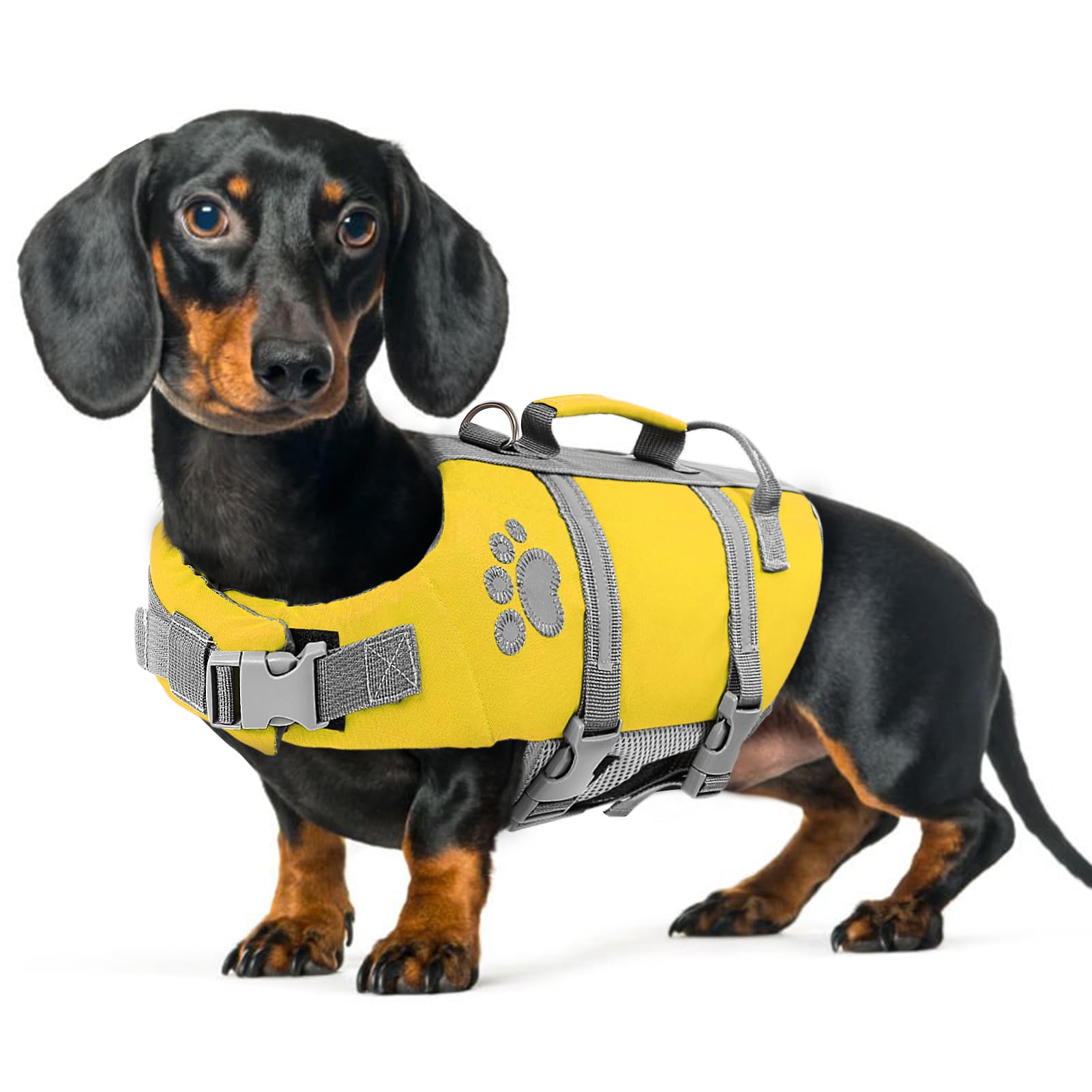 Queenmore Schwimmweste Hund Klein, Verstellbar Rettungsweste Hund, Reflektierende Hundeschwimmweste Mit Rettungsgriff, Hunde Schwimmweste Dackel Französische Bulldogge, Kajak Surfen, Gelb, S