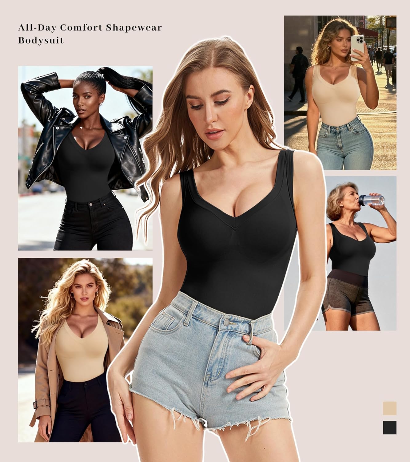 Bodysuits for Women Tummy Control Shapewear Seamless Body Suit Sexy V Neck Top Body Shaper - Image 6