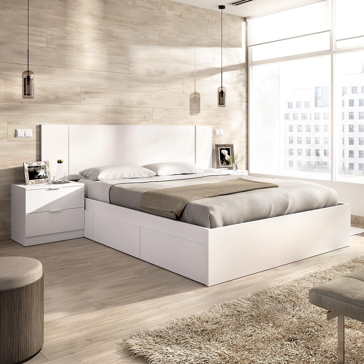 DEKIT Grupo RIMOBEL - Cabezal Cama len con 2 MESITAS Y Cama Alice 150CM con 4 CAJONES - 96x251x197cm