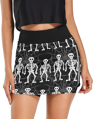ZXZNC Tennis Skirt Funny White Skeleton Skulls Black Cute Happy Halloween Golf Skorts : Amazon 