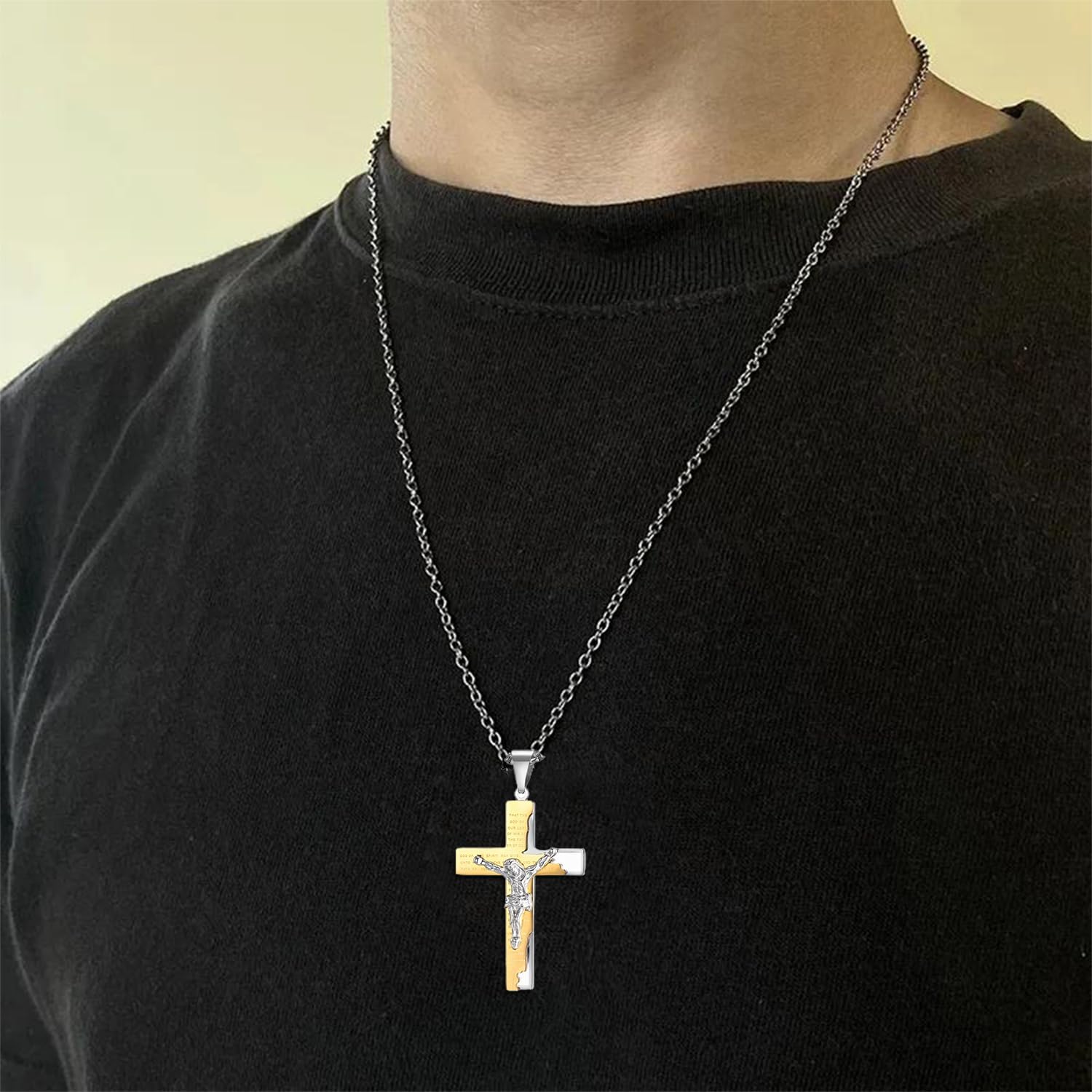 Cross Necklace for Men - 316L Stainless Steel Religious Crucifix Pendant with Adjustable 22"+2" Rolo Chain,Silver/Black Christian Jewelry Gift - Image 2