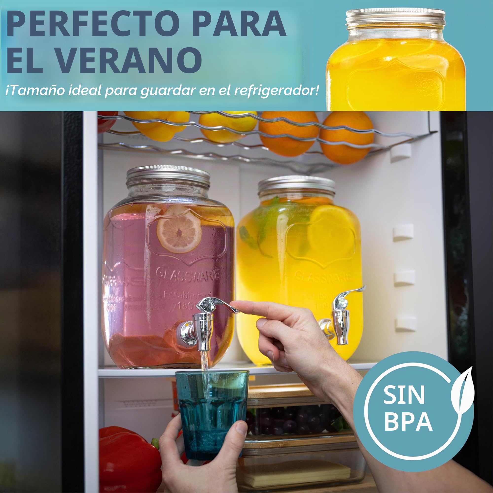 HEFTMAN Dispensador de bebidas de vidrio con grifo de plástico y soporte de alambre de metal - 2 x 4 litros