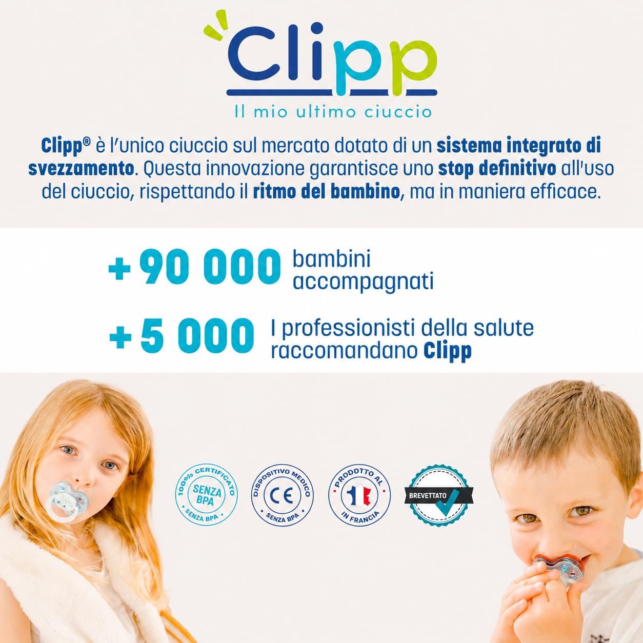 CLIPP Kit - Ciuccio per lo svezzamento Stelle + 5 anelli per lo svezzamento graduale - Svezzamento a tappe, facile e delicato - Dispositivo brevettato - Prodotto in Francia - A partire dai 2 anni