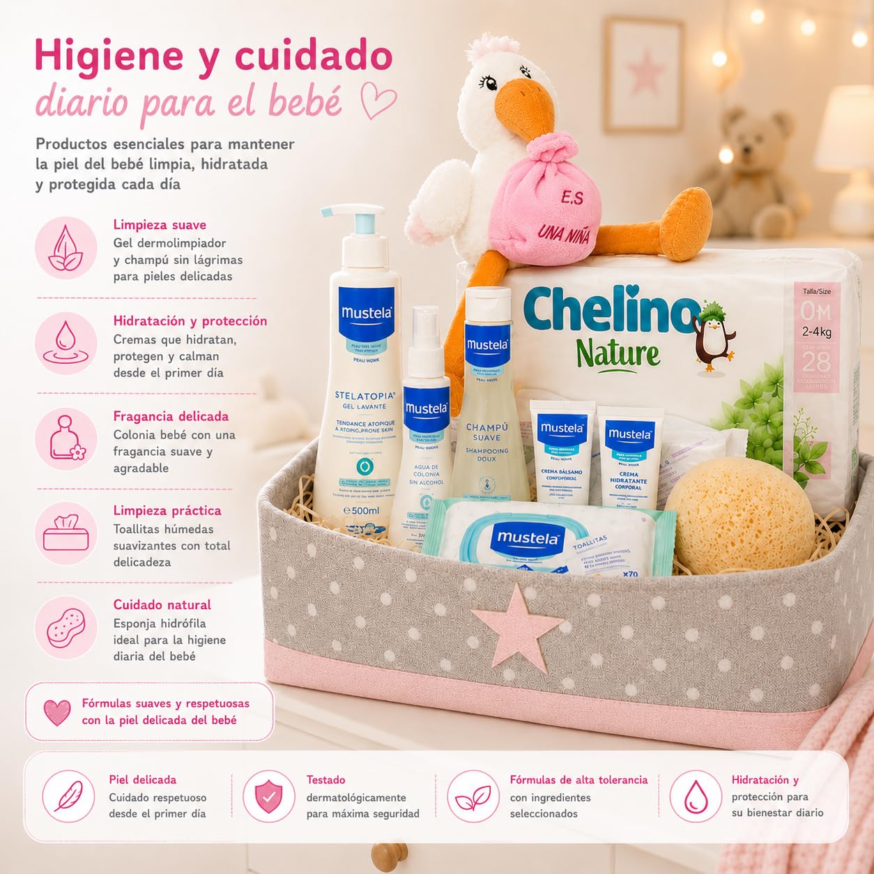 Cesto bambino Supreme (Rosa) regalo Con: scatola multiuso, peluche cicogna rosa, salviettine, gel, colonia, spugna, shampoo, spazzola e pettine, idratante, pannolini.