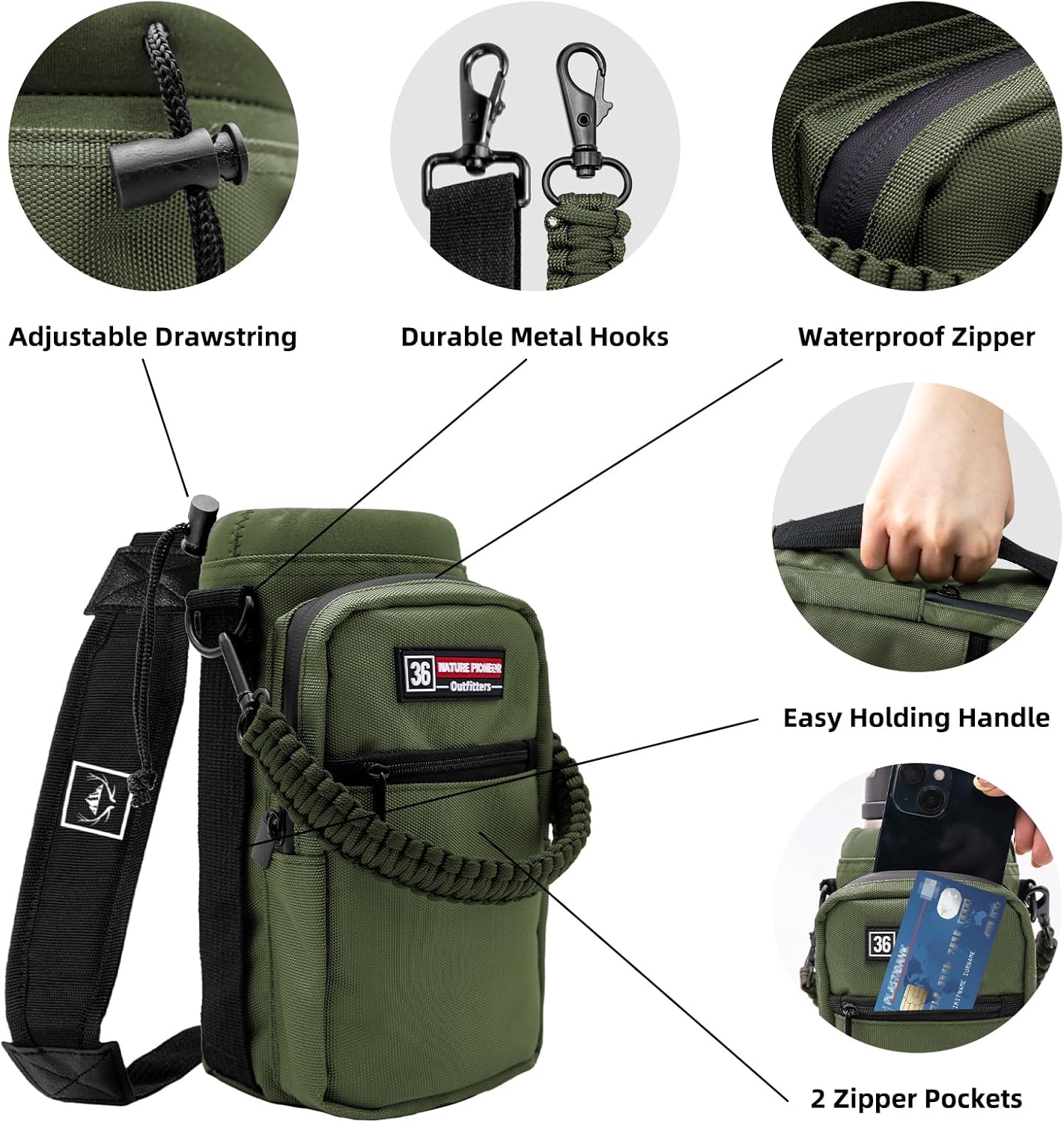 NATURE PIONEOR Water Bottle Holder with Adjustable Strap - 26/32/36/40/46/64oz Insulated Water Bottle Sling Carrier with Paracord Handle & 2 Pockets, Outdoor Sports, Hiking, Camping, Gym - Image 5
