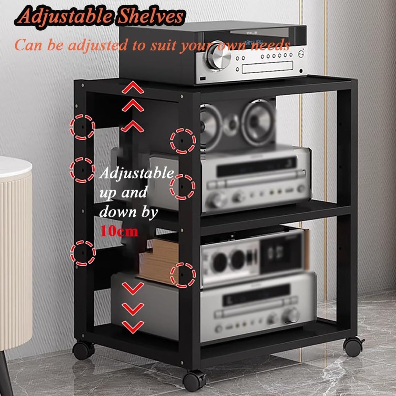 Generico Rack Audio Mobile con Ruote Universali,Mobiletto Portaoggetti Stereo Audio A 7 Ripiani,Mobile Stereo Hi Fi Rack HiFi per Soggiorno, Ufficio, Home Theater,Supporto TV Angolare(Nero)