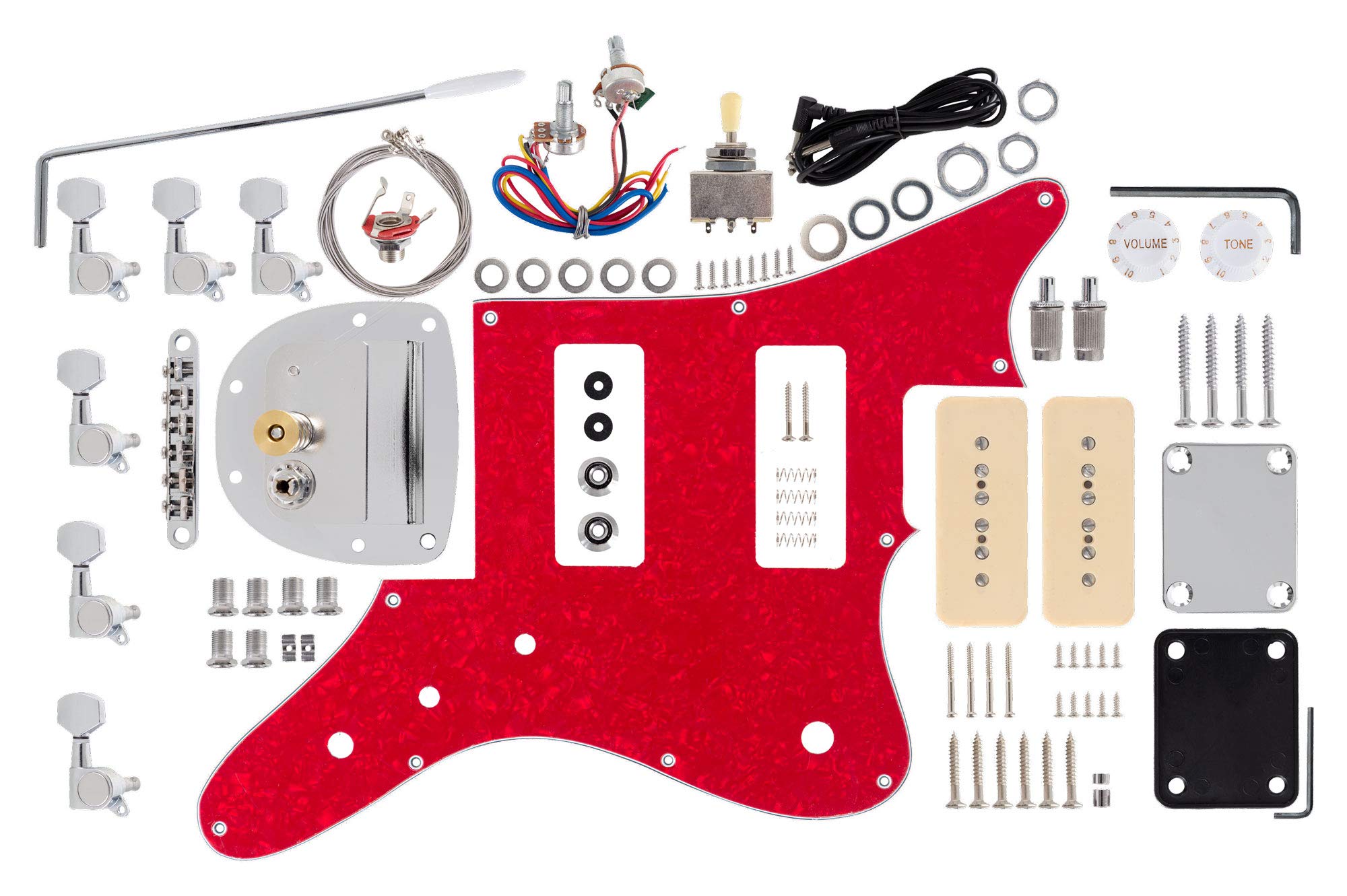 Rocktile Kit chitarra elettrica JAG-style solidbody DIY: tastiera palissandro, manico acero avvitato, corpo paulownia, 2 pickup Single-Coil, battipenna effetto tartaruga