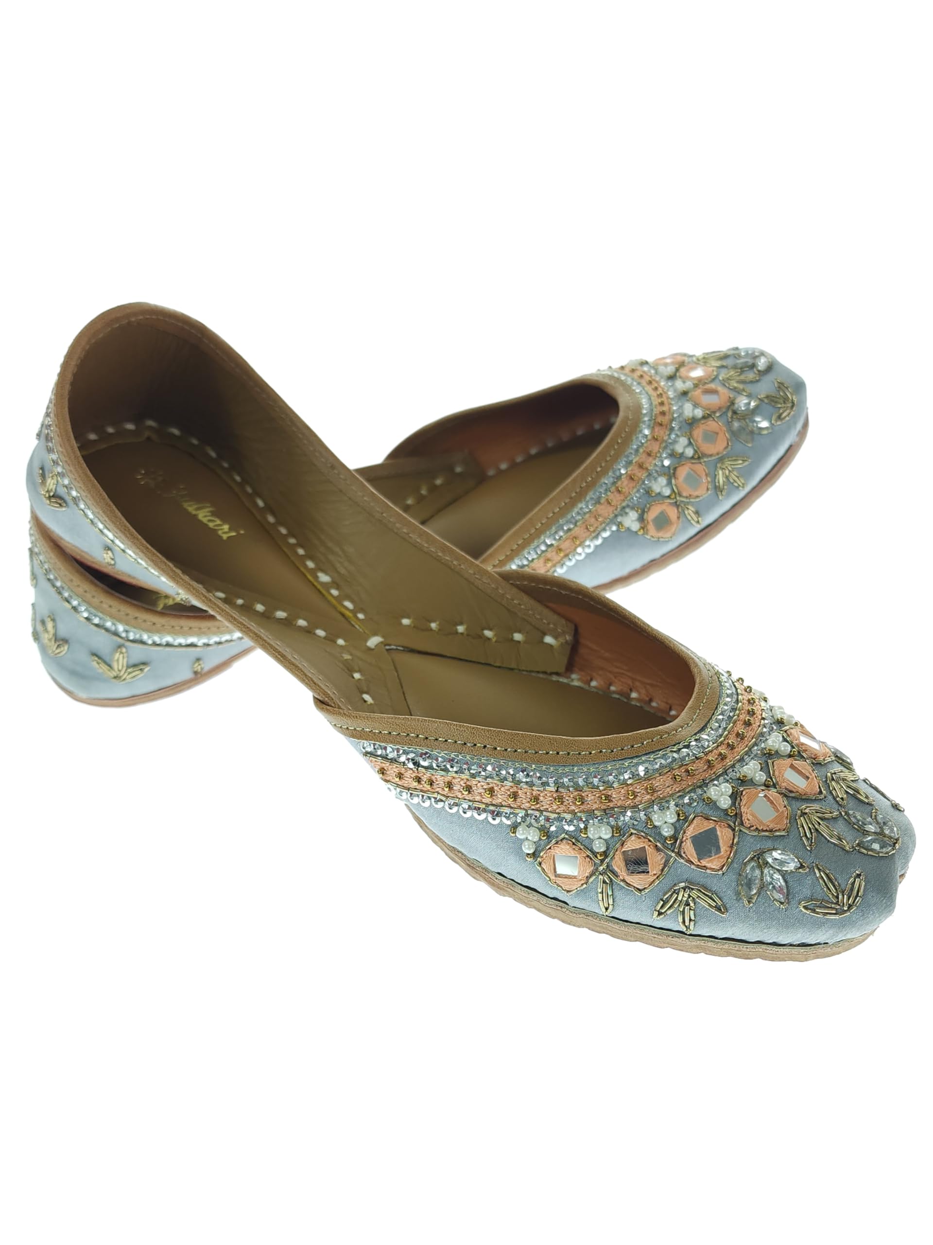 Women Nemesia Grey Silver Mirror Genuine Soft Leather Embroidered Jutis | Bite and Pinch Free Jutti | Punjabi Formal Juttis | Girl's Wedding Flat Ladies Mojari | Formal Ethnic Juti |-image-19