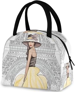 Paris Eiffel Tower Fashion Model Reusable Lunch Tote Bag with Front Pocket Zipper Closure Insulated Thermal Cooler Container Bag for Man Women Work Picnic Travel Beach Fishing