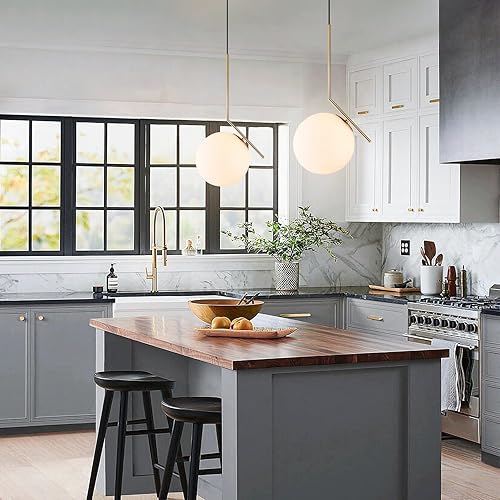 Miniatura 4 de BOKT Lámpara colgante moderna con forma de globo de mediados de siglo, latón cepillado, luz colgante ajustable con vidrio blanco esmerilado para