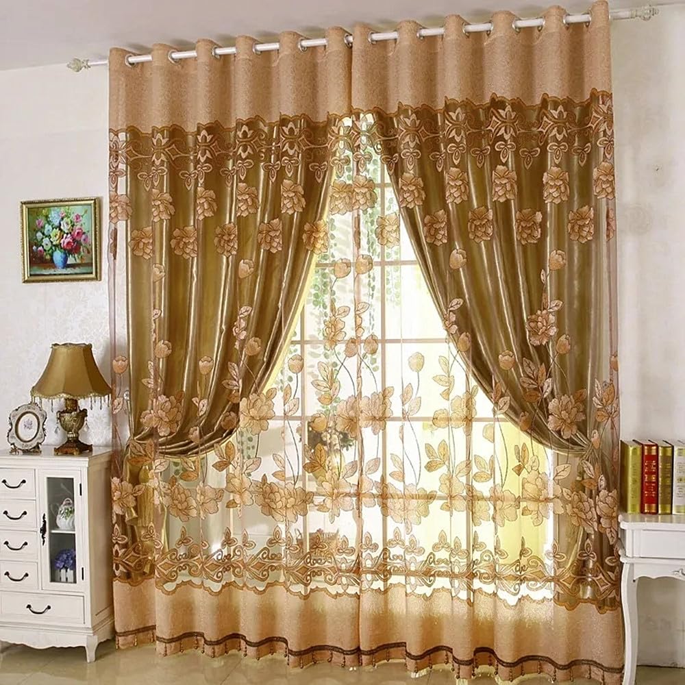 Rideaux double couche motif lys dorés Amidoudou chambre et salon