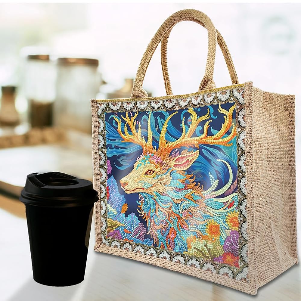 Sac Tote Bag Femme Diamond Painting 26x26 Cm - Sac Fourre-tout Bandoulière à Personnaliser, Motif Fleurs Chien
