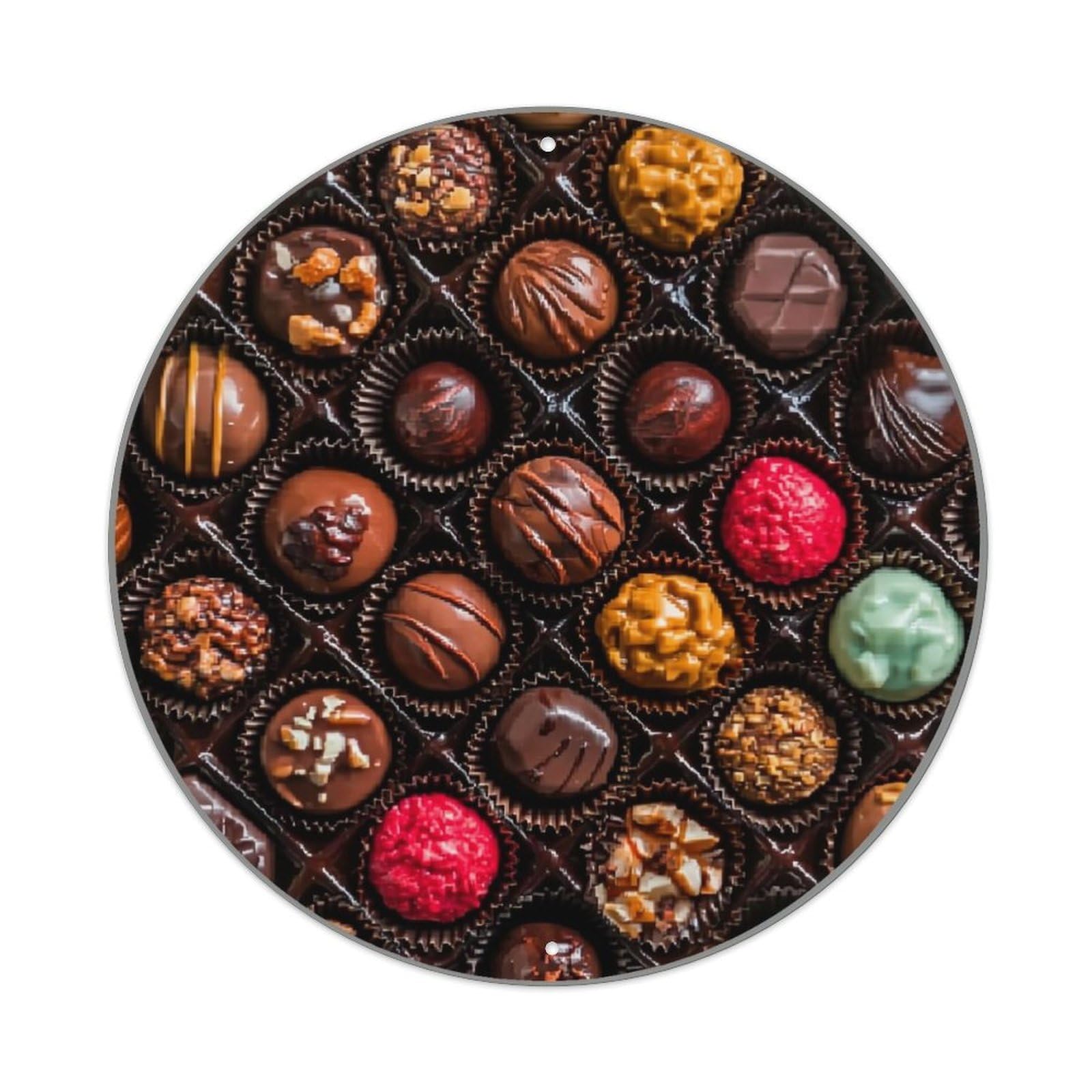 Chocolate Assortment Variety Box Pattern Retro Metal Sign Round Tin Sign, Vintage Decor Art Poster for Bar, Home, Man Cave, Kitchen, Laundry Room Gift 8x8Inch