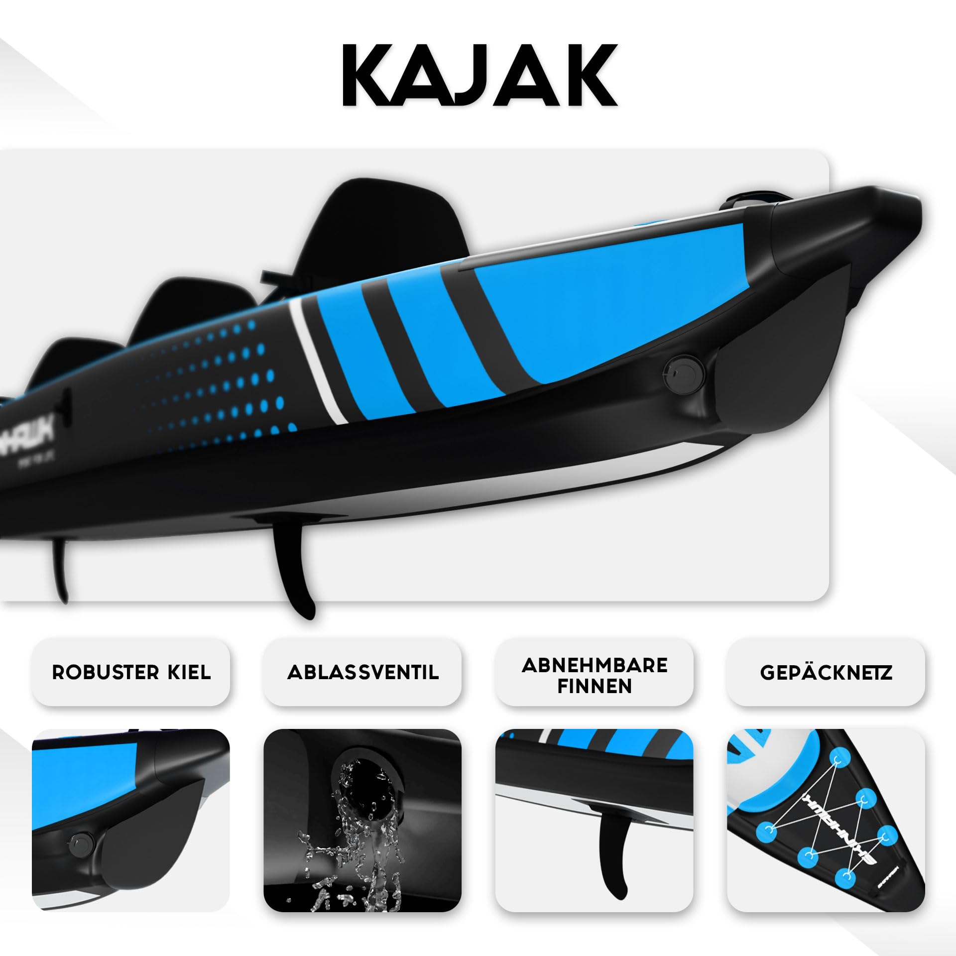 SKINHAWK Premium Drop Stitch Kajak 490 Blau, Schlauchboot, Kanu, zum Aufblasen, Adventure Kajak 490 x 85 cm