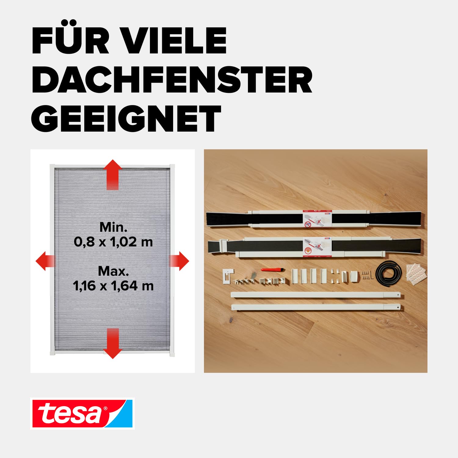 tesa Insect Stop 2-in-1 Verdunklungs- und Insektenschutzplissee Premium für Dachfenster - anpassbar, Montage ohne Bohren und Sägen - max. 1,16 m x 1,64 m - Profile in Weiß - Plissees in Anthrazit