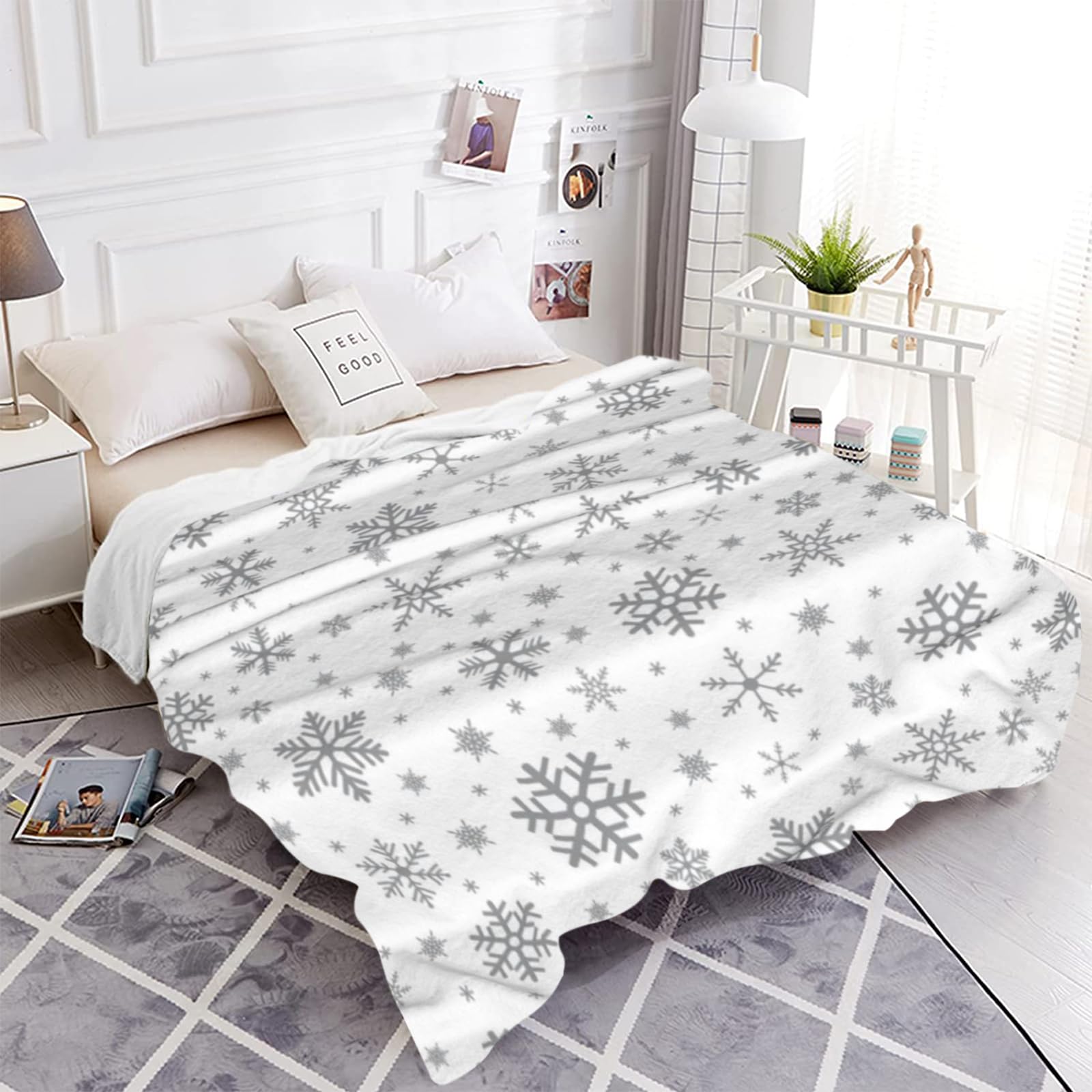 JOOCAR Grey Snowflake Throw Blanket Winter Merry Christmas White Blanket Cozy Soft Lightweight Flannel Plush Blankets for Bed Couch Living Room Sofa Chair,40x50 Inch - Image 3