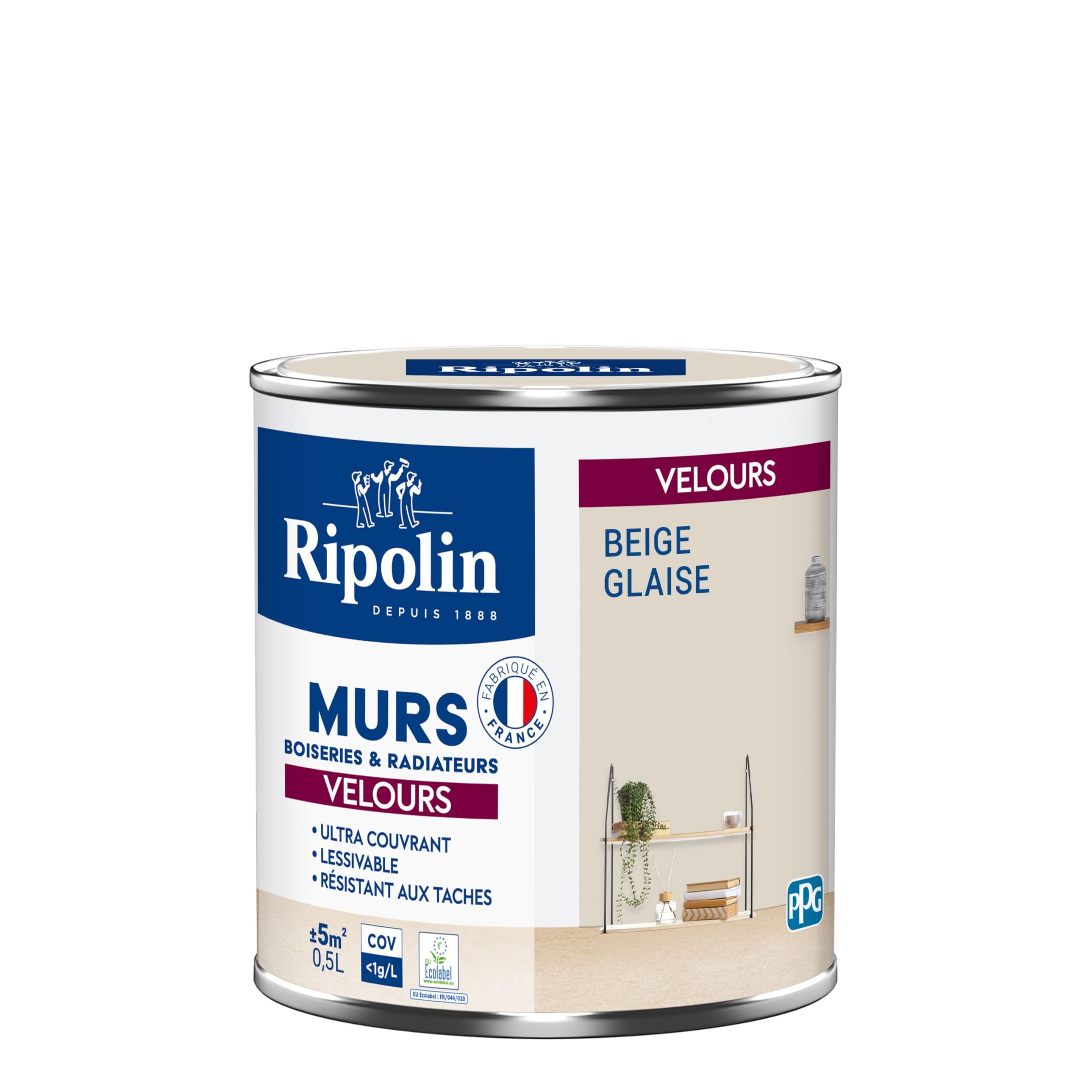 RIPOLIN - Peinture Intérieure Multi-​Supports – Murs, Boiseries & Radiateurs – Ultra couvrante - Monocouche - Confort d'application - Aspect Velours - Beige Glaise - 0,​5L