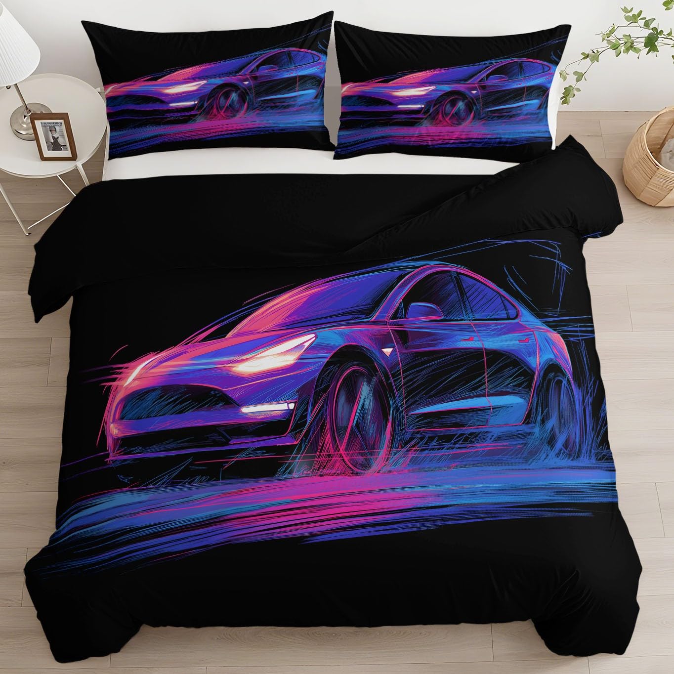 Generico Cartoon Neon Electric Car 3-częściowy zestaw poszewek na kołdrę 220 x 240 cm zestaw poszewek na kołdrę, czarny komplet pościeli z zamkiem błyskawicznym i poszewkami na poduszki z mikrofibry