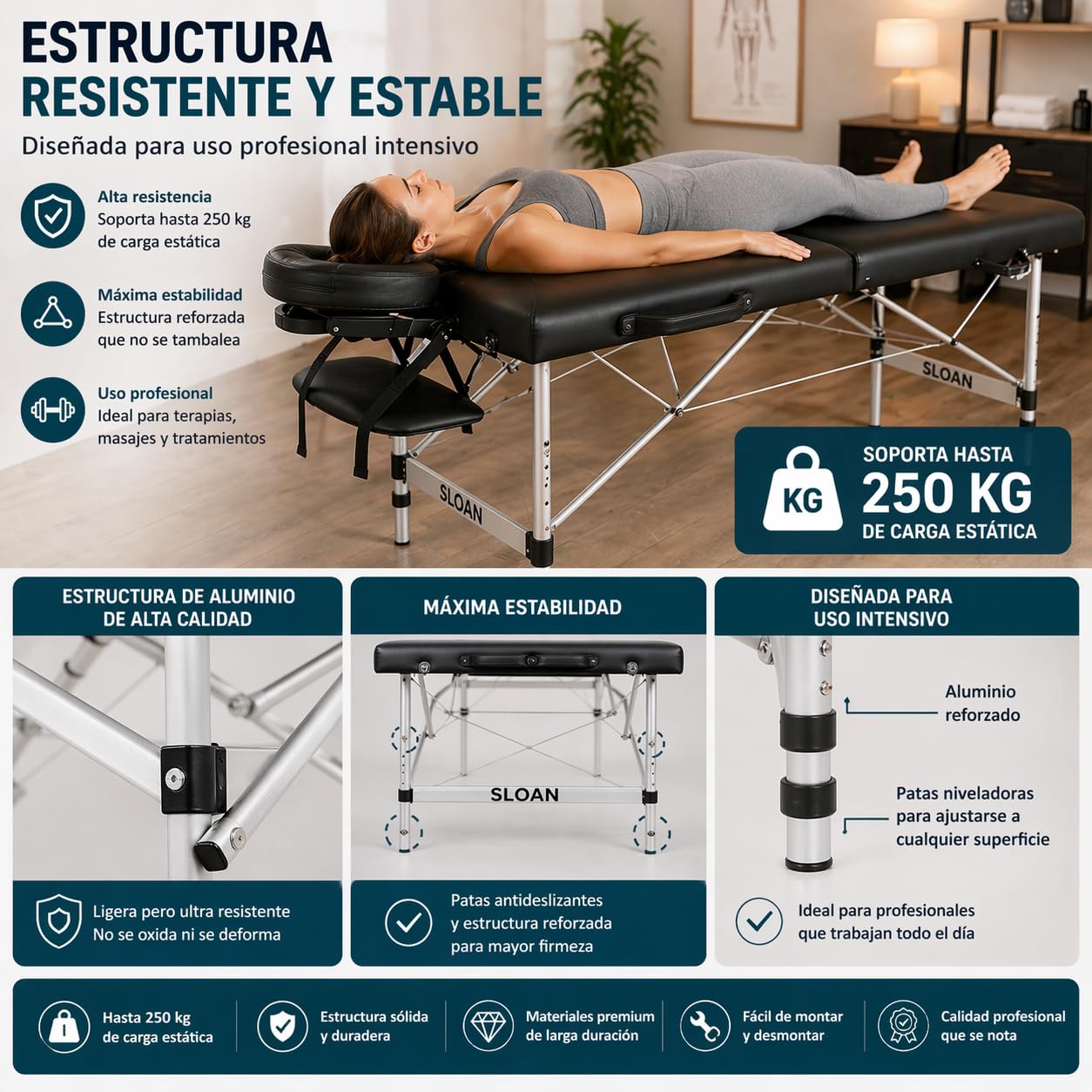 Sloan Camilla de Masaje Profesional de Aluminio – Plegable y Portátil – Altura Ajustable – Tapizado Resistente al Agua y Aceites – para Fisioterapia, Estética y Rehabilitación