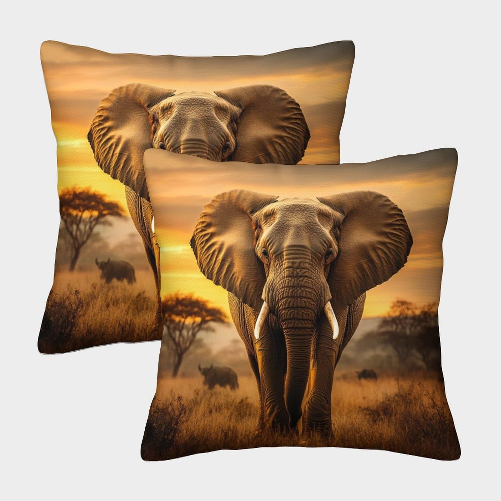 2 Pack African Savannah Luxury Digital Printed Soft 3D Elephant Themed Square Cushion Cover 40x40cm, Style, 40 x 40 cm (Pack of 2)