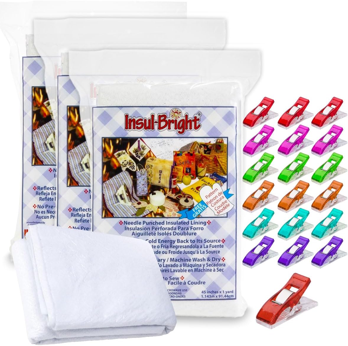 Warm Company Insul-Bright Insulated Lining (36"x45", 3-Pack) + 20 Pixiss Fabric Clips – Perfect for Pot Holders, Oven Mitts, and Heat-Resistant Craft Projects
