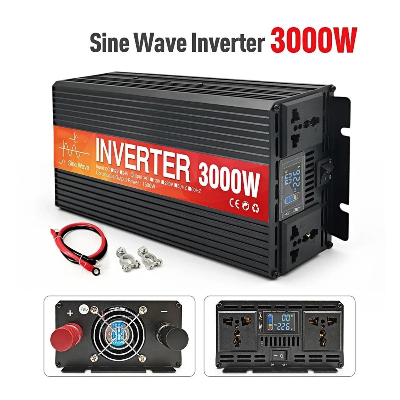 Inversor Corriente Coche 4000W 5000W 6000W Inversor Onda Sinusoidal Pantalla LCD Doble Enchufe DC 12V 60V AC 220V Convertidor Voltaje Fuente(3000W(Rated 1500W),12V(10V to 15V),220V50H)