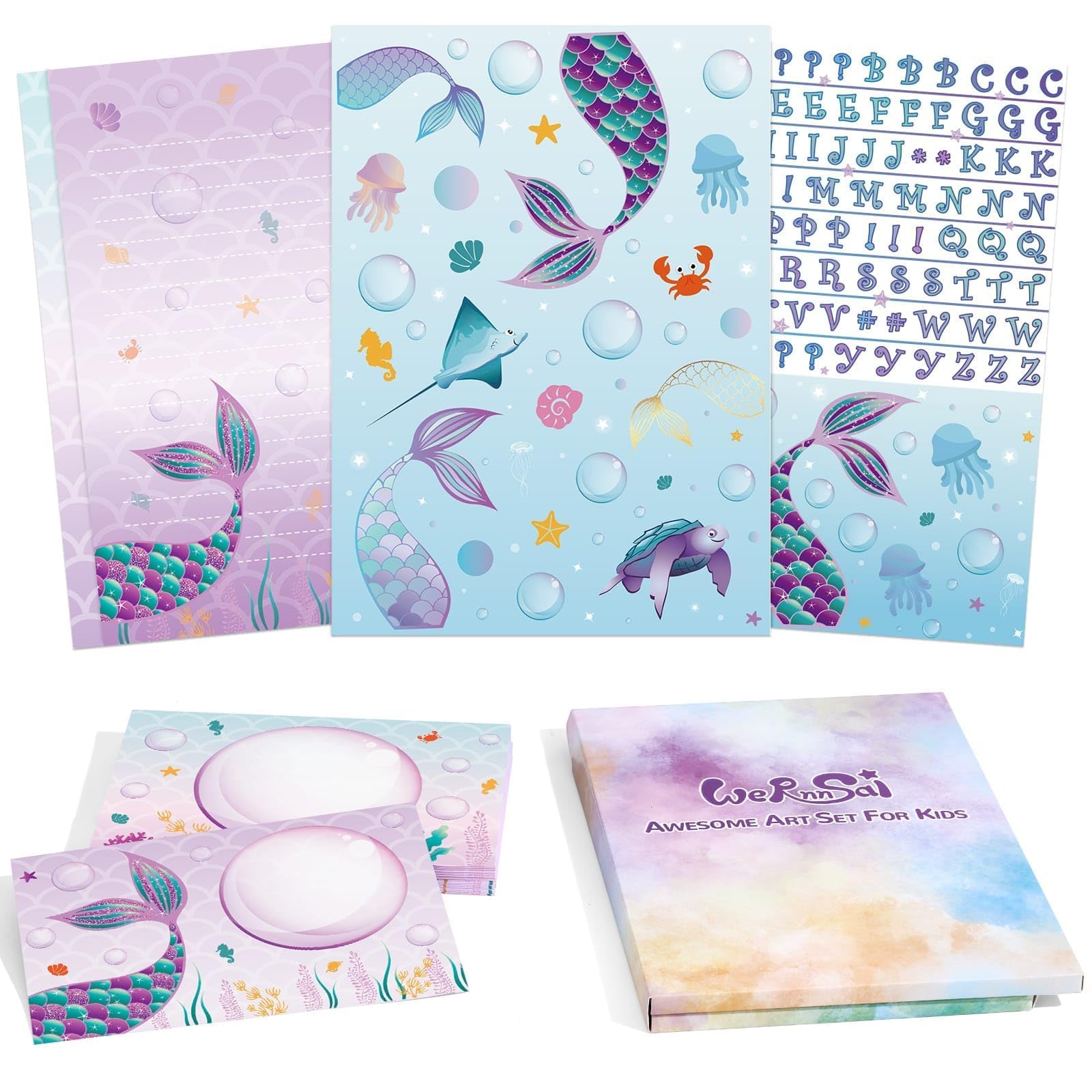 WERNNSAI Kids Stationery Set - 72PCS Girls Stationery Set Teens Mermaid Letter Writing Kit Letter Paper Set Stationery Writing Sheets with Envelopes