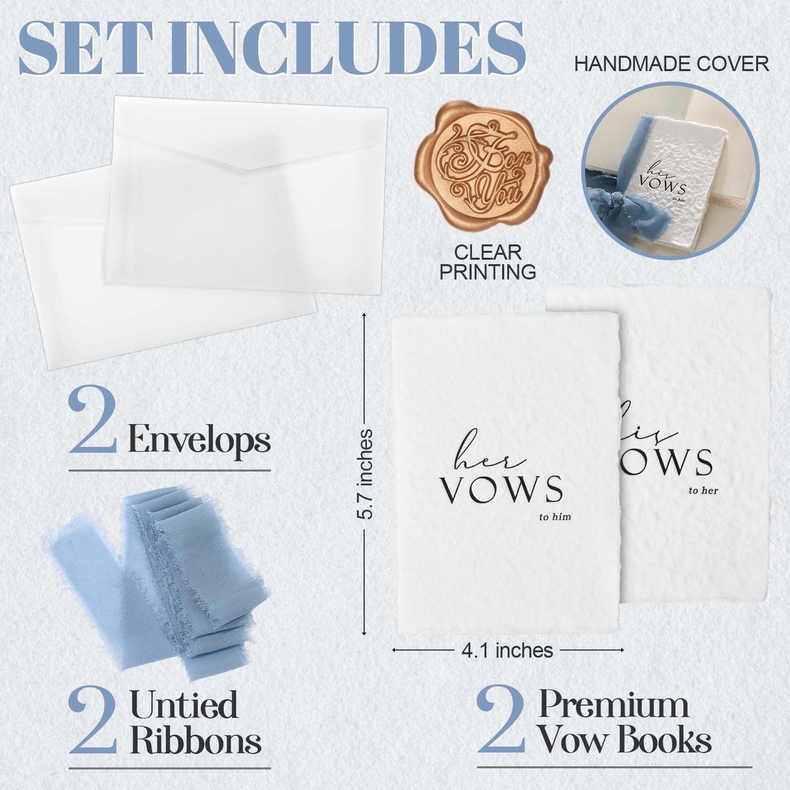 Engrowtic Set di 2 libri per promessa di matrimonio per lui e per lei, con nastri, 14 x 10,2 cm, con bordo strappato a mano, con busta e sigillo di cera, regalo per sposi e coppie di fidanzati (blu)