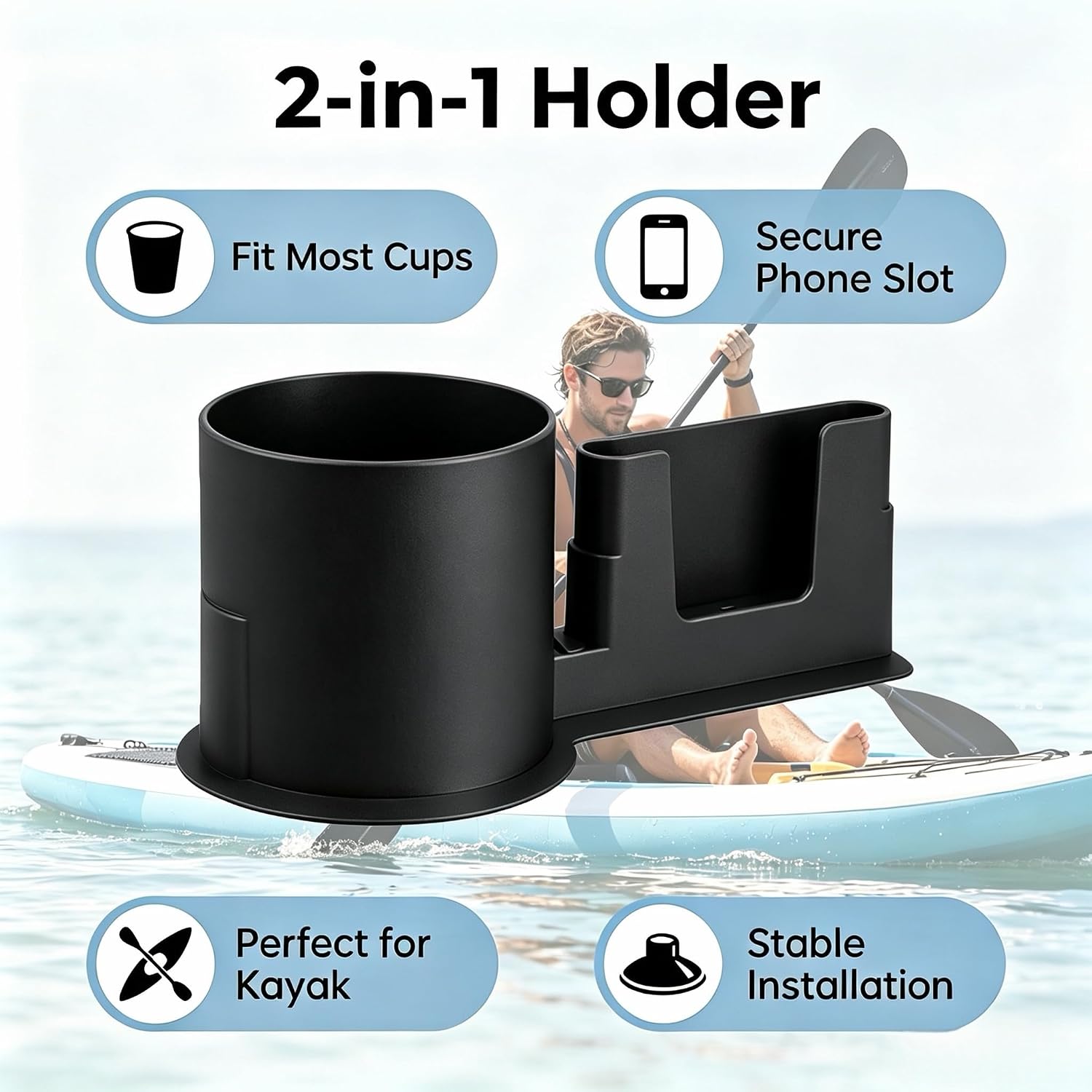 Paddle Board Cup Holder, Universal Paddle Board Accessory, Black | 2-in-1 Paddle Board Phone Holder Fits Kayak, SUP, Canoe, Surfboard & Boat, Holds Phones, Cups and Fishing Gear