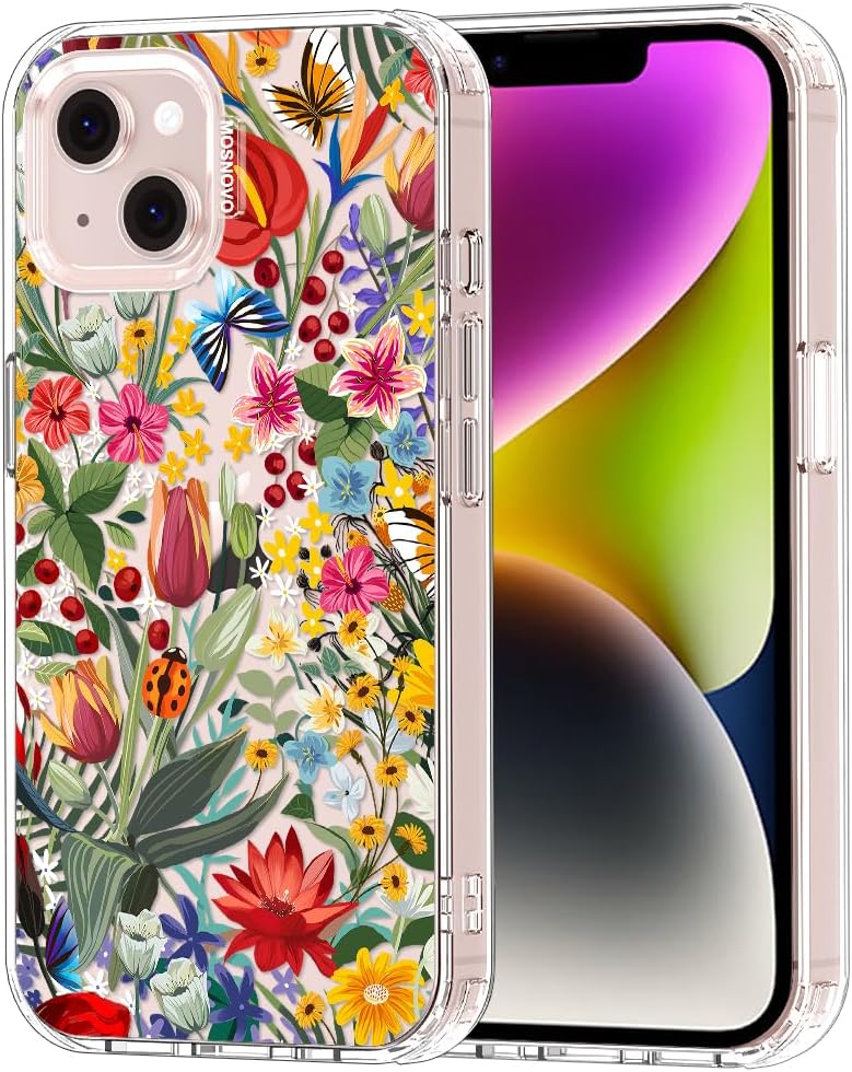 MOSNOVO for iPhone 13/14 Case | Military Grade 6.6ft Drop Tested | Clear with in The Garden Design