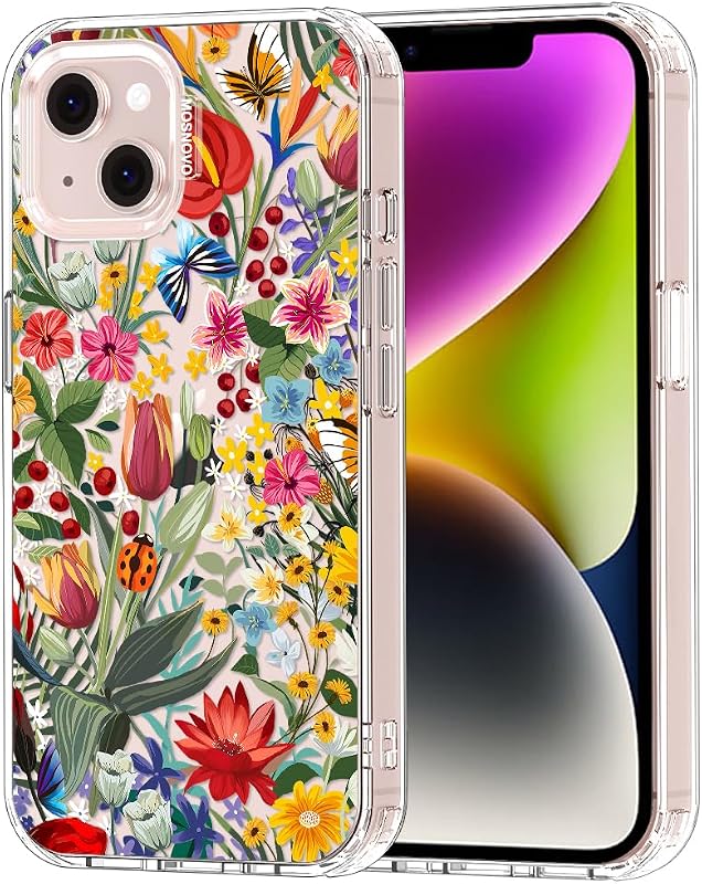 MOSNOVO Case for iPhone 13/14, [Buffertech 6.6ft Military-Grade Drop Protection] [Anti Peel Off Tech] Clear TPU Bumper Phone Case Cover Design - In The Garden