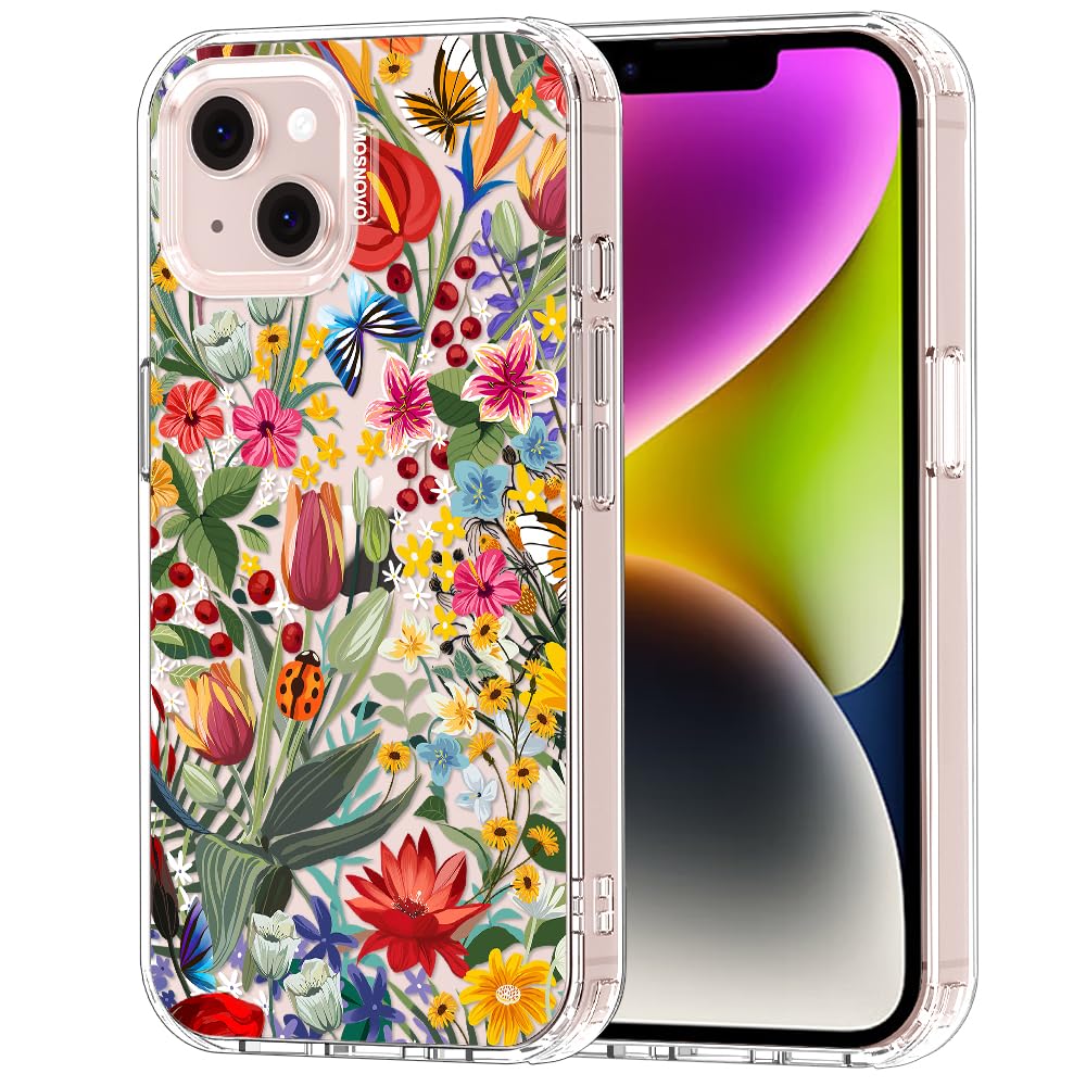 MOSNOVO Case for iPhone 13/14, [Buffertech 6.6ft Military-Grade Drop Protection] [Anti Peel Off Tech] Clear TPU Bumper Phone Case Cover Design - In The Garden - 1