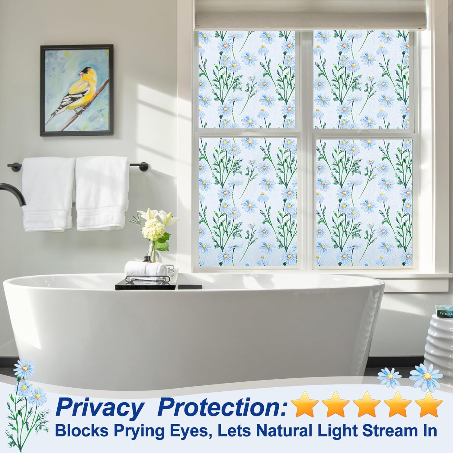 Countewol Frosted Static Cling Window Film Stained Glass Privacy Film with Daisy Pattern Anti-Glare UV Protection Removable Decorative Window Clings for Home/Bathroom (Daisy Textured, 45.2 x 78.7 in)