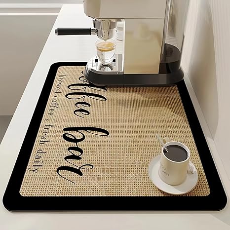 Coffee Mat, 16"x24" Coffee Bar Mat Rubber Backed Bar Accessories Super Absorbent Dish Drying Mats for Kitchen Counter, Fit Under Coffee Maker Espresso Machine Dish Rack (Cream)