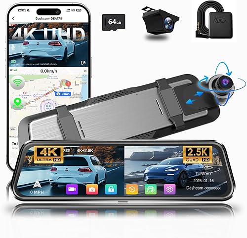 Cámara de salpicadero de espejo, espejo retrovisor de doble canal de 10 pulgadas para automóviles, frontal 4K + trasero 2.5K con WiFi de 5.8 GHz,