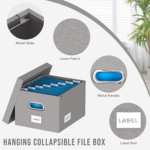 Miniatura 3 de DYWMM Caja organizadora de archivos Juego de 2 cajas plegables para almacenamiento de archivos colgantes con tapas, cajas decorativas de lino para