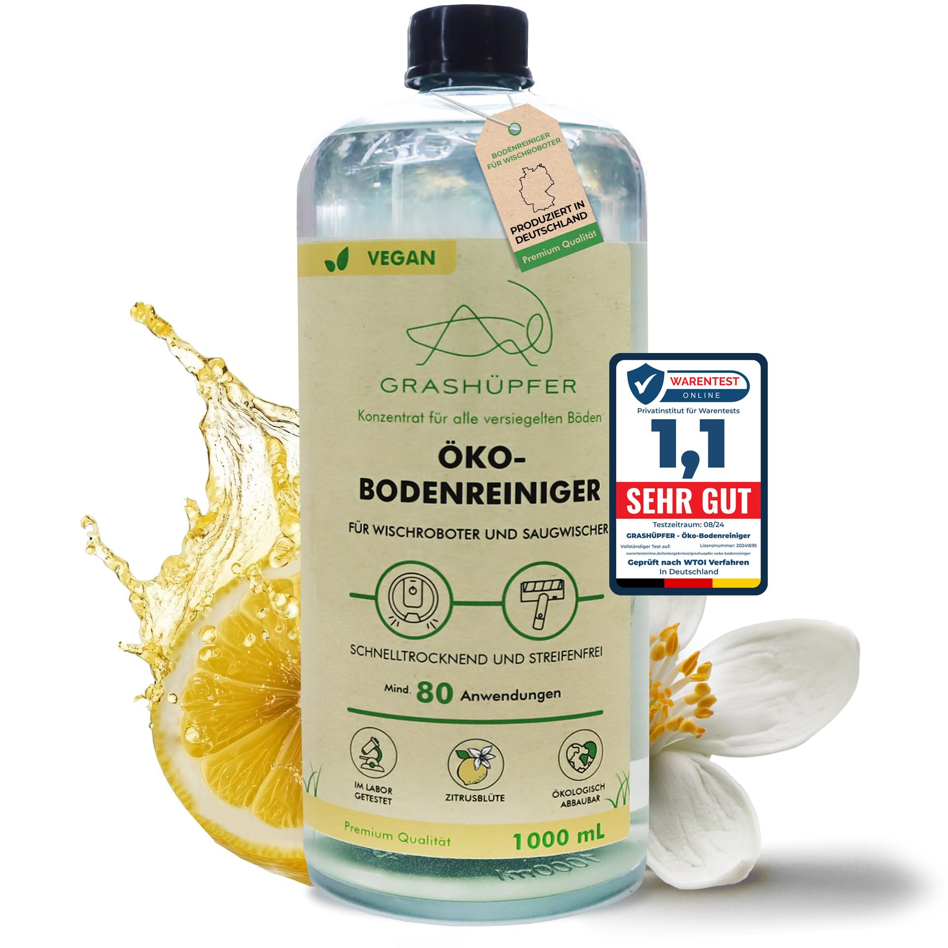 GRASHÜPFER® Öko Bodenreiniger für Wischroboter [ZITRUSBLÜTE] - Wischroboter Reinigungsmittel kompatibel mit Roborock, Dreame, Ecovacs & Co. geeignet für Laminat, Parkett, Vinyl & Fliesen - 1000ml