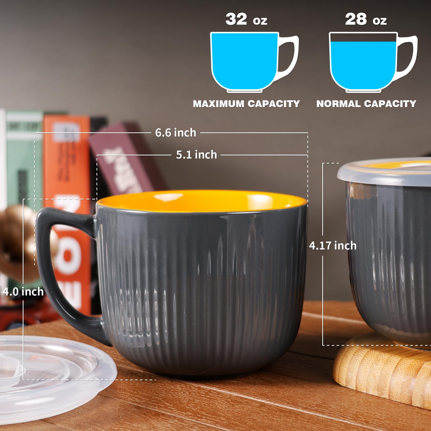 2 Stück Keramik Suppenschüsseln mit Henkel, 900ml Mikrowellen Suppentassen mit dichtem Deckel, Ramen Müsli Schüsseln Groß für Nudeln Haferbrei Obst Hausküche (Grau)