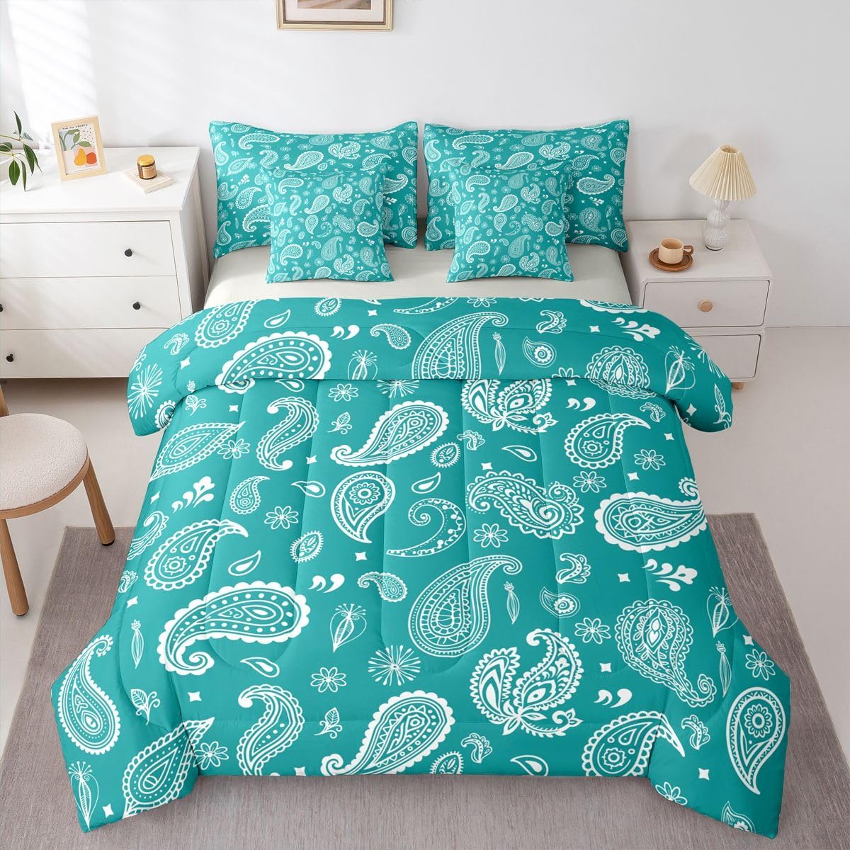 Castle Fairy Vintage Paisley Soft Bedding Comforters Twin Mini Star Bloom 7pcs Bedding Set for Kids Boys Girls Room Decor,Retro Floral Bed in a Bag with Comforter,Sheets,Pillowcases,Teal White