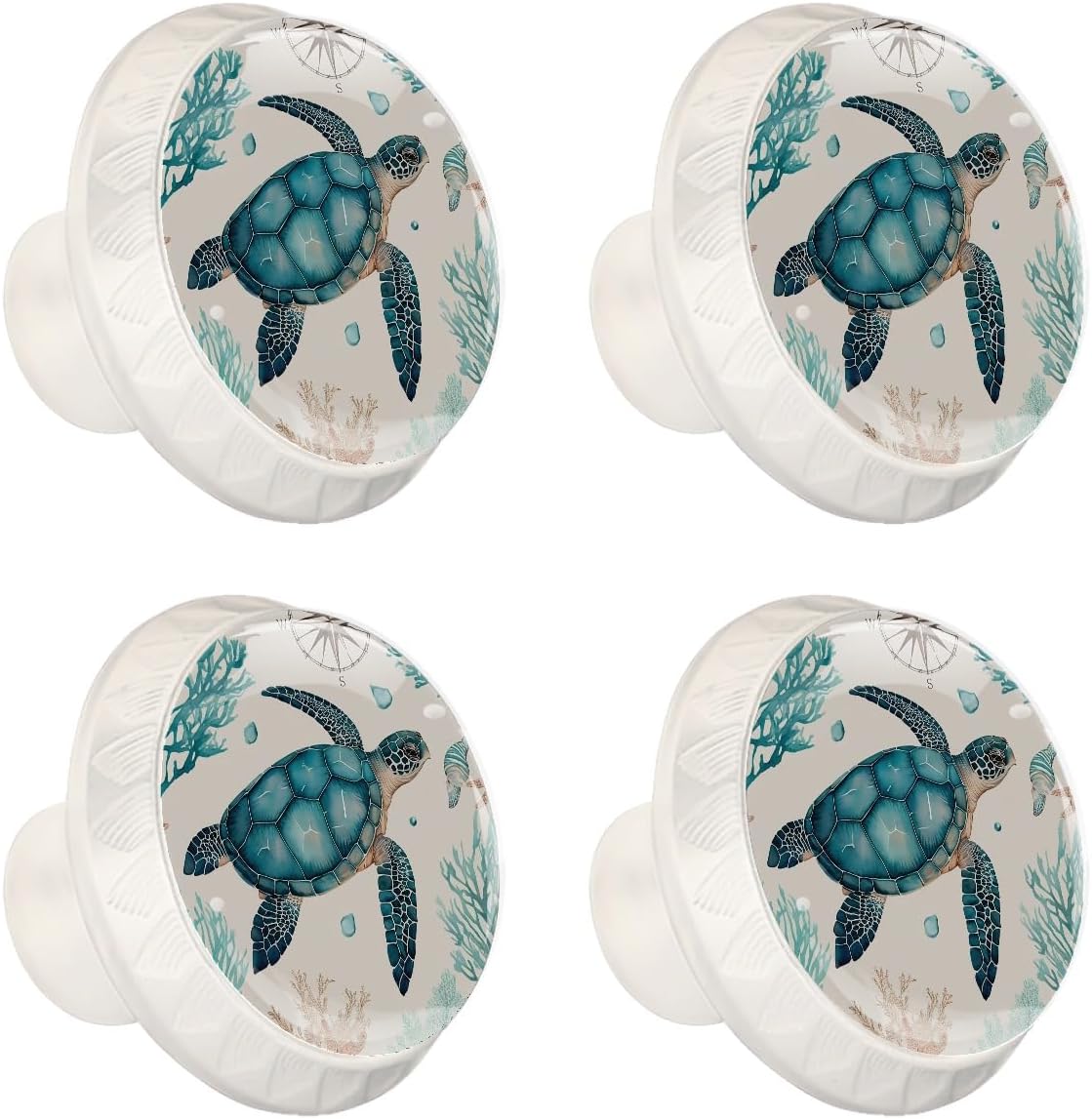 4 Pack Vintage Ocean Turtle Cabinet Knobs, Decorative White Drawer Pulls Dresser Knobs, Crystal Glass Knobs Pulls Handles Cabinet Hardware for Kitchen Cupboard Wardrobe Closet 1.37"