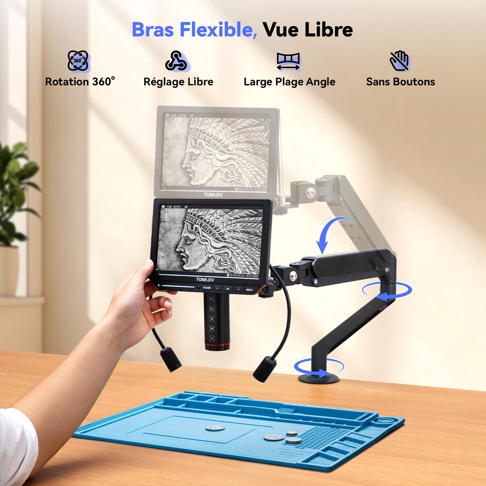 TOMLOV TM4K-AF Flex Microscope Numérique Autofocus 4K HDMI, Écran de 8" IPS avec Bras Flexible, Loupe Professionnel 2000X pour Pièces et Soudure, Tapis de Soudure, Lumières Latérales, Carte 64 Go