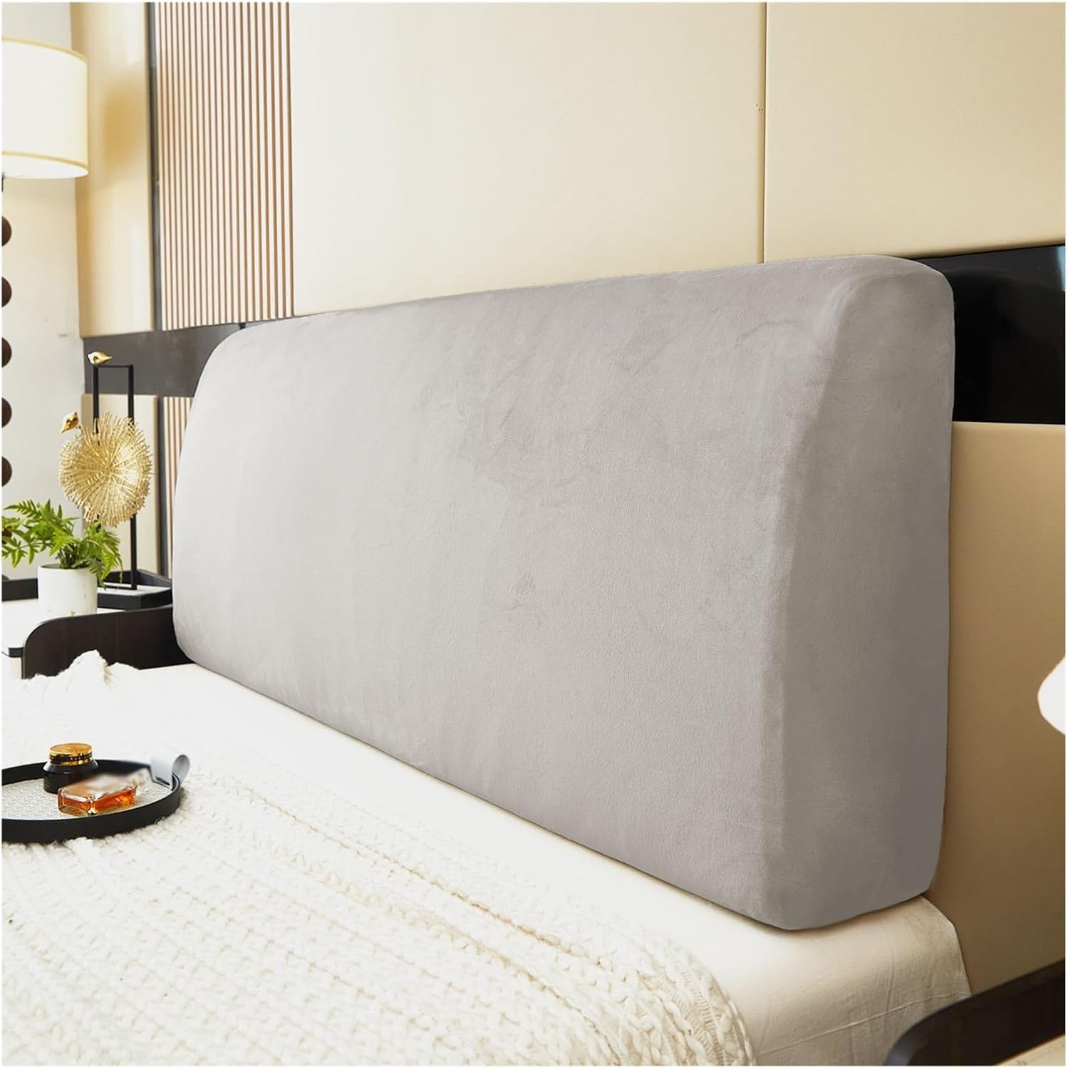 Crystal Velvet Stretch Bed Headboard Slipcover,Soft Bed Backrest Protector,Wrinkle-Resistant Smooth Fabric Thicken Machine Washable for Bedroom(Gray,86.7in)